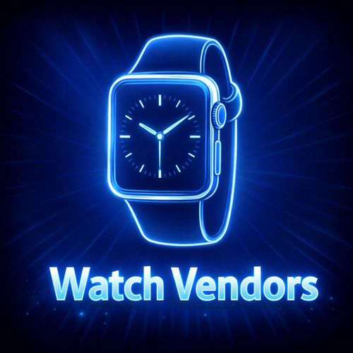 Neon blue outline of a smartwatch with 'Watch Vendors' text on a dark background